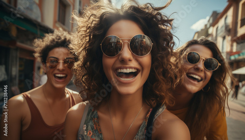 Smiling women, happiness, friendship, young adult, cheerful lifestyles, sunglasses generated by AI