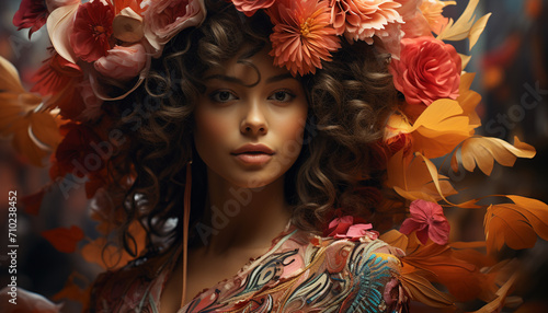 A beautiful young woman with curly brown hair and elegance generated by AI