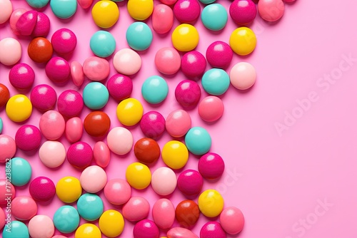 Candies on pink background from above