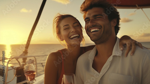  Luxurious Sunset asian man and woman in Champagne and Laughter Aboard a Catamaran Yacht