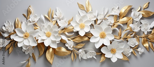 Gold and white flowers on a white background  3d background template
