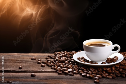 Coffee cup with roasting beans on wooden table and white background with text space