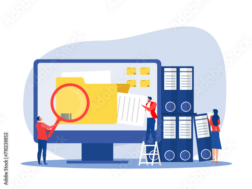 Data storage concept  Man using magnifying glass and searching files in an electronic database  indexing file documents. vector illustration for storage