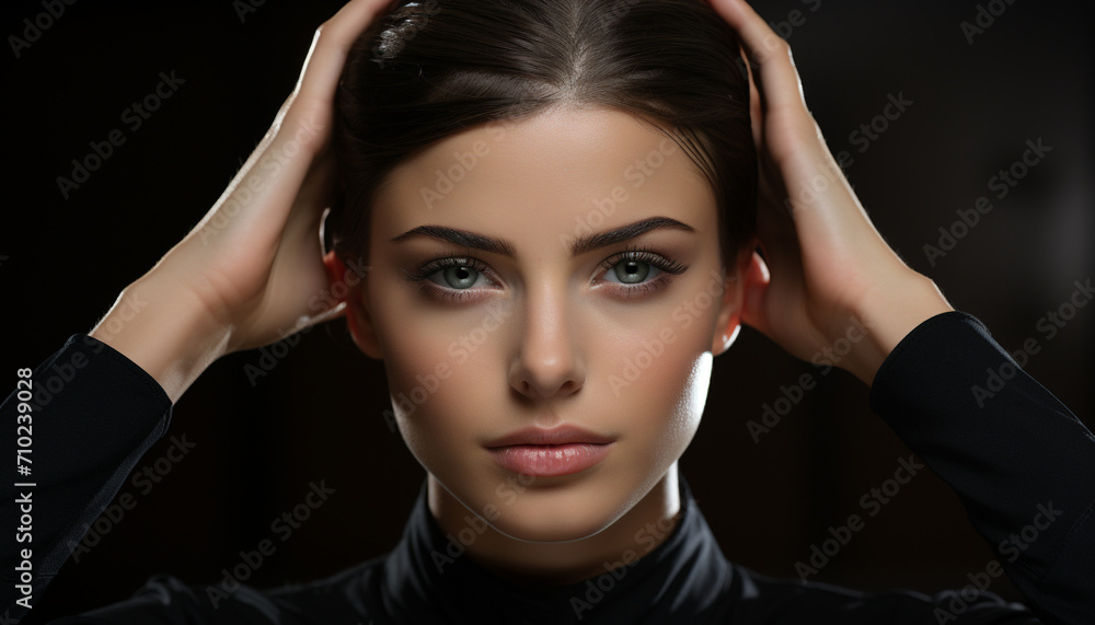 A beautiful young woman with brown hair looking at camera generated by AI A beautiful young woman with brown hair looking at camera generated by AI