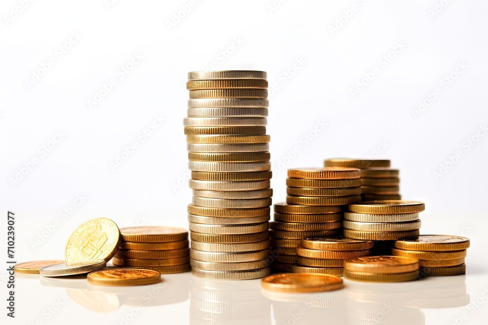 Front view of a white isolated money box filled with Thai Baht coins Front view of a white isolated money box filled with Thai Baht coins
