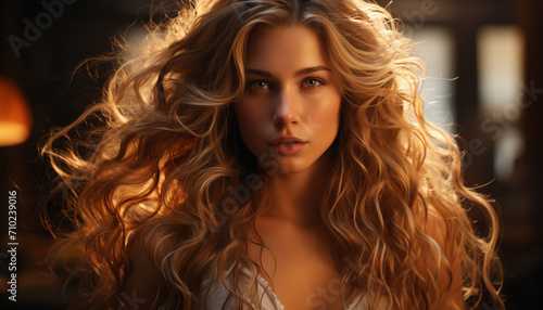 A beautiful young woman with long blond hair looking confidently generated by AI