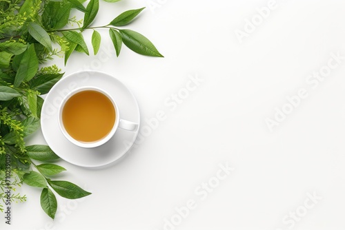 Empty desk with cup and tea leaf from above Add your text for free