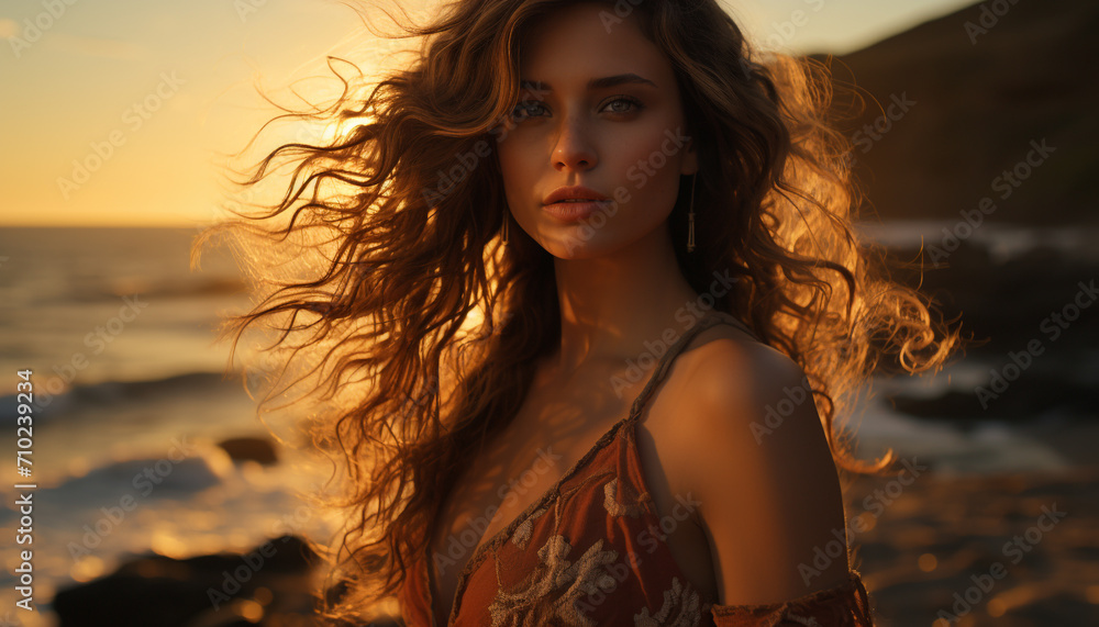 Young woman with long brown hair, standing outdoors, enjoying the sunset generated by AI