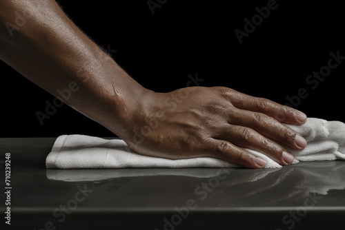 Individual utilizing a towel to thoroughly dry their hands subsequent to handwashing within the confines of their personal residence emphasizing proper hygiene and meticulous hand ca photo