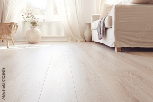 Install laminate flooring with a warm interior design featuring light wooden texture and a beige soft carpet