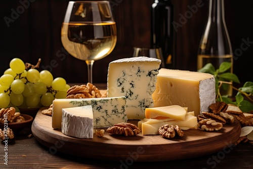 Organic cheese walnuts and wine on a wooden backdrop