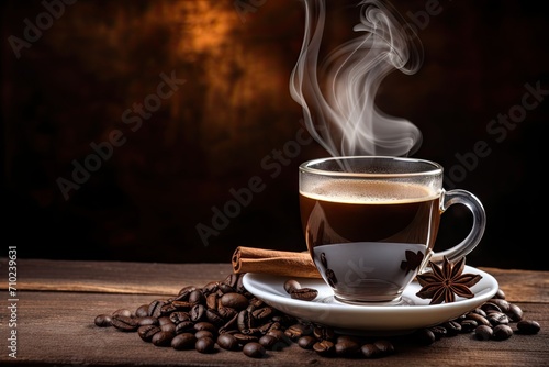 Smoke and coffee beans on an old wooden background with a cup of coffee in a glass