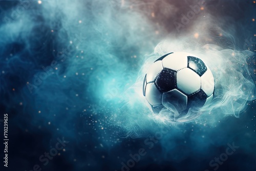 Soccer ball floating at stadium with abstract smoke and bokeh background