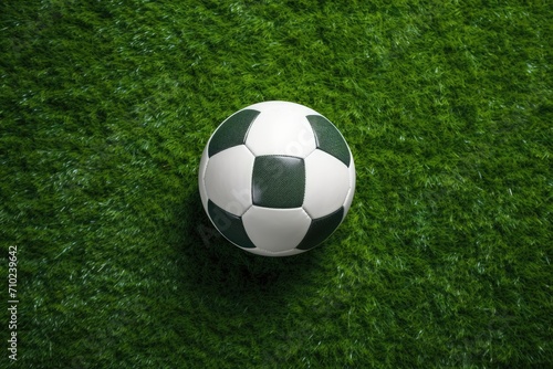 Soccer field with ball on green turf