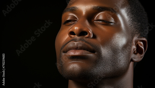 Young African man with closed eyes, confident, looking at camera generated by AI