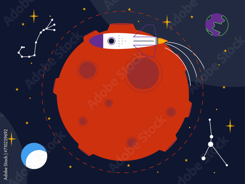 Spaceship around the moon. Outer space and astronaut vector illustrations. photo
