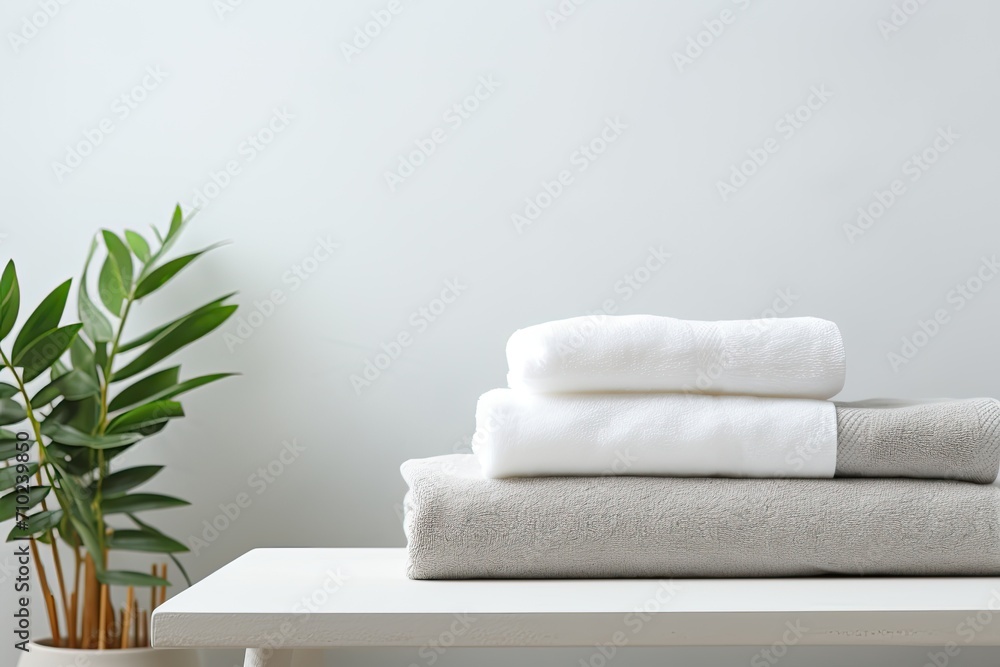 There is a table with a light grey background where a stack of clean soft white towels is placed There is also ample space available for including text or caption