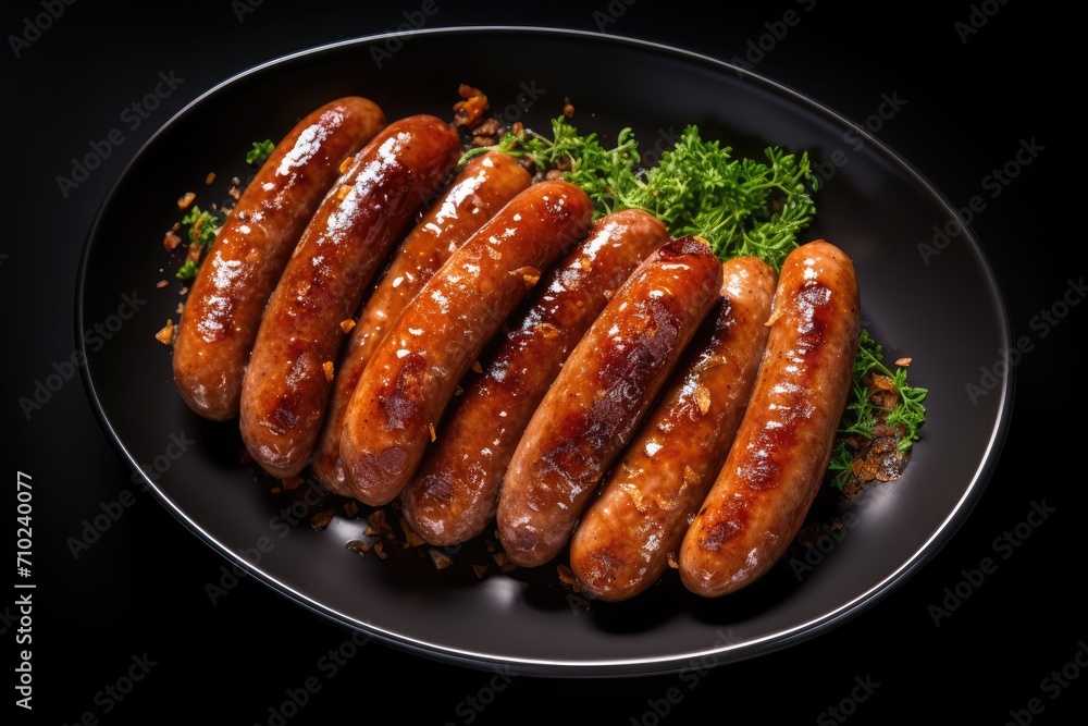 Top view of Bockwurst sausages on a black plate Top view of Bockwurst sausages on a black plate