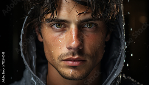 One wet man looking at camera, raindrop on face generated by AI