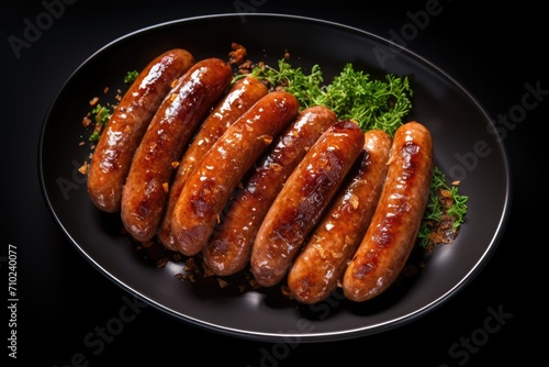 Top view of Bockwurst sausages on a black plate