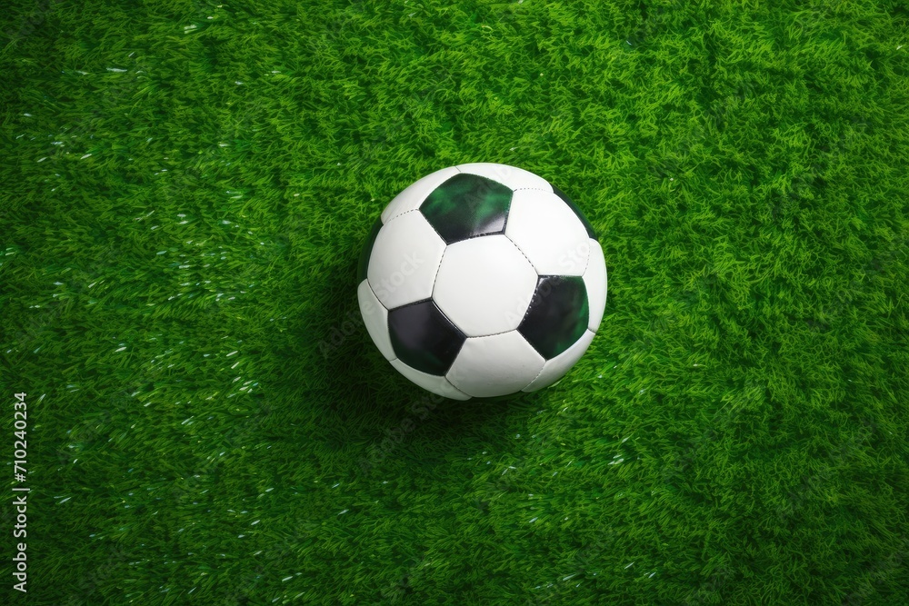 Fototapeta premium Top view of soccer ball on green artificial grass field