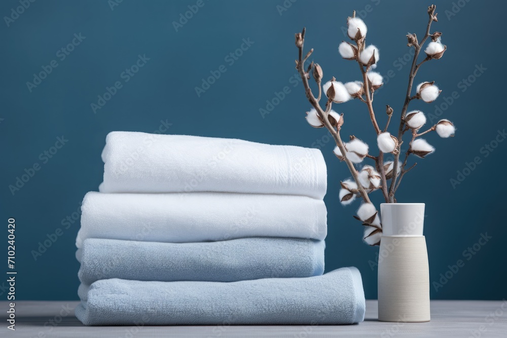 White and blue terry towels along with a cotton twig arranged neatly on a gray background White and blue terry towels along with a cotton twig arranged neatly on a gray background