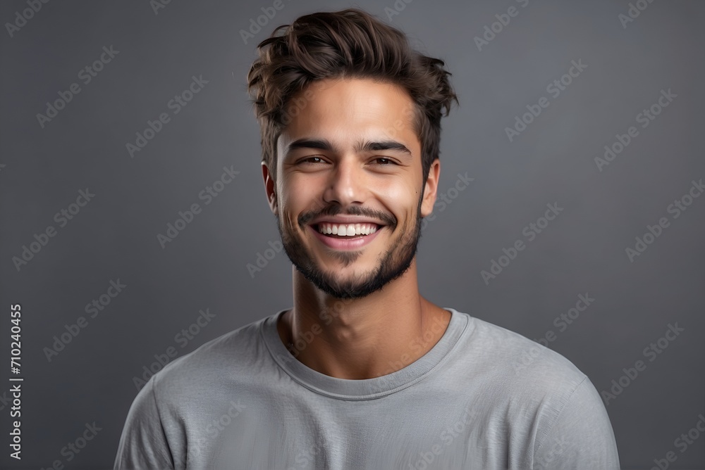 Young man displaying vibrant health, smiling with perfect white teeth on gray background Young man displaying vibrant health, smiling with perfect white teeth on gray background
