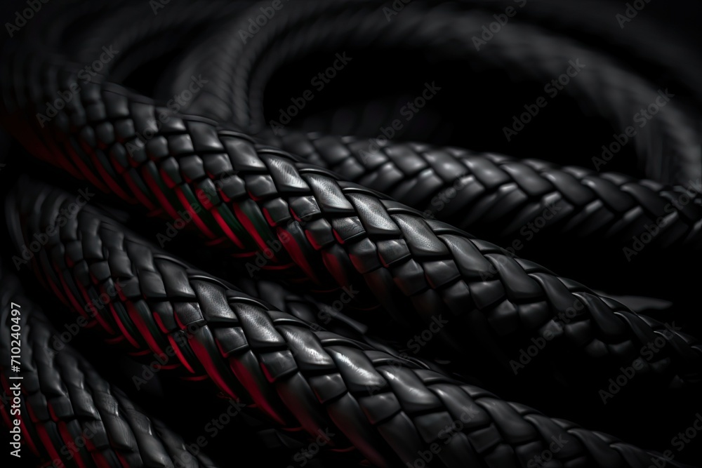 Black snake skin like cable Black braided wires in bundle on black background Wire sleeve for data line protection Flame retardant nylon tube - obrazy, fototapety, plakaty 