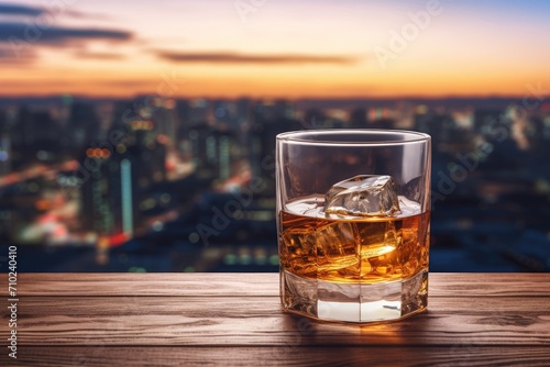 Whiskey on wooden table with city view