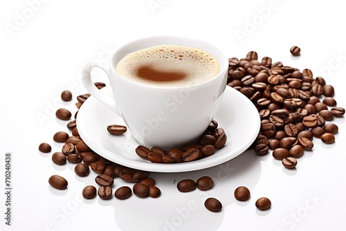 White background with coffee cup and beans