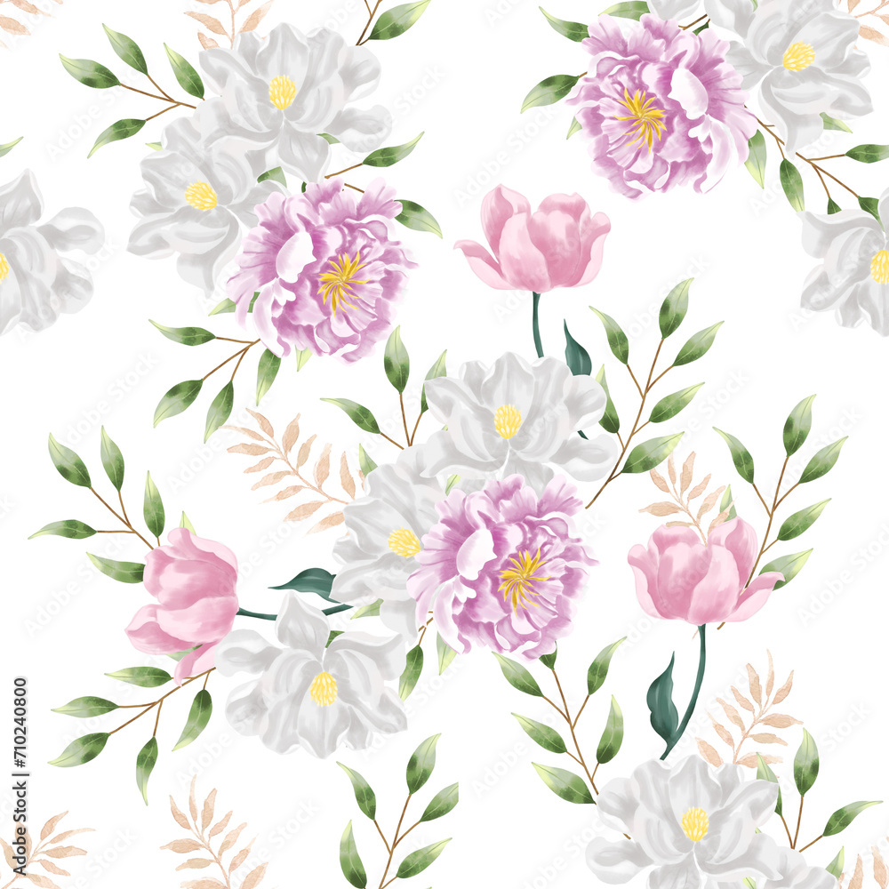 Purple Peony and White Jasmine Watercolor Flower Seamless Pattern