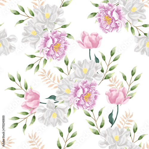 Purple Peony and White Jasmine Watercolor Flower Seamless Pattern © Choirun Nisa