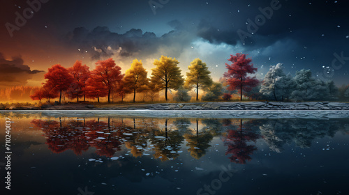 Illustration of four trees painted in a landscape. photo