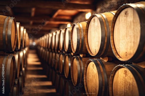 Wooden barrels in a winery cellar perspective of wine vaults vintage oak barrels for craft beer or brandy