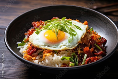 Korean dish of fried rice with bacon topped with egg