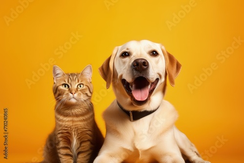 Labrador dog panting ginger cat sitting in front of yellow background