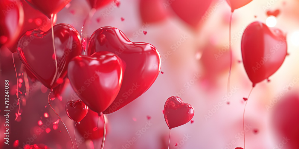 Love in the Air:  3D Festive Valentine's Day Scene with Red Heart Balloons - Sweet Celebration Stock Image.