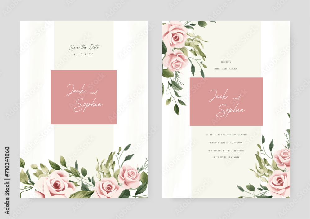 Pink rose artistic wedding invitation card template set with flower decorations. Wedding invitation floral watercolor card background