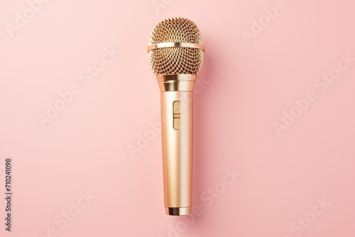 Luxurious gold microphone for contests designed elegantly on a pastel background with copy space