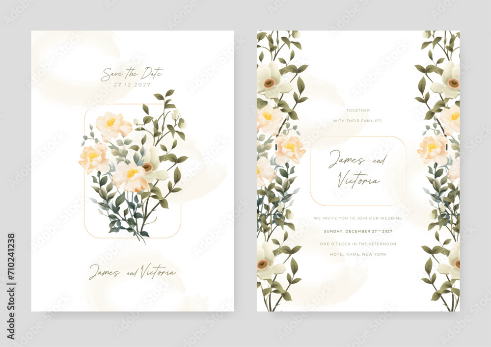 White and green cosmos and peony vector elegant watercolor wedding invitation floral design. Wedding invitation floral watercolor card background White and green cosmos and peony vector elegant watercolor wedding invitation floral design. Wedding invitation floral watercolor card background