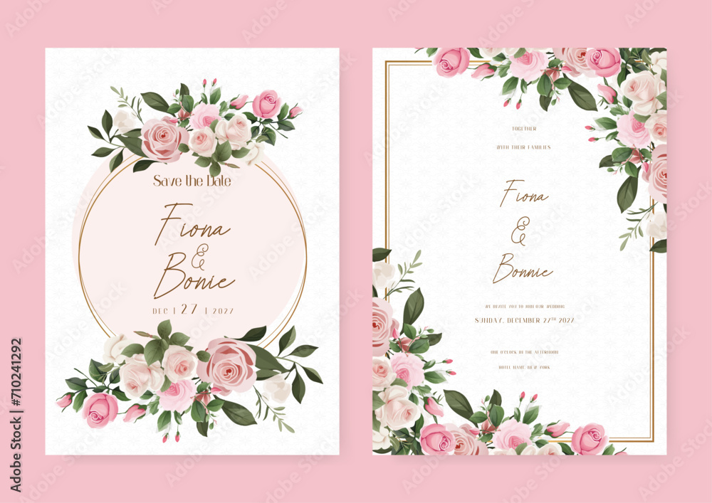 Pink rose floral wedding invitation card template set with flowers ...