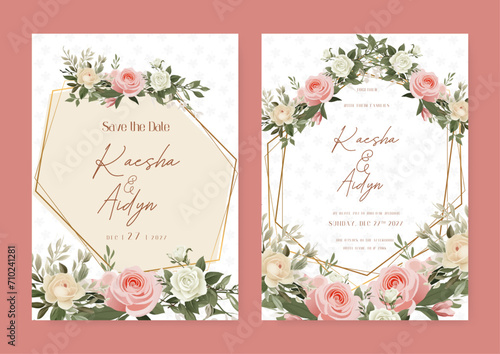Beige white and pink rose luxury wedding invitation with golden line art flower and botanical leaves  shapes  watercolor. Wedding invitation floral watercolor card background