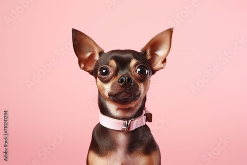 Mexican chihuahua dog with tongue out isolated on pink background looking at camera with red collar