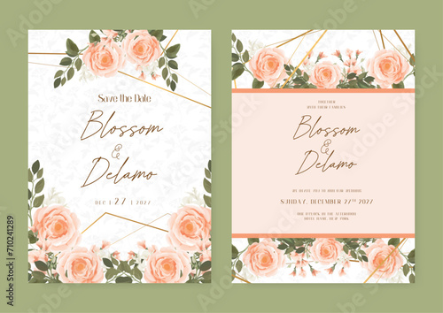 Peach rose artistic wedding invitation card template set with flower decorations. Wedding invitation floral watercolor card background