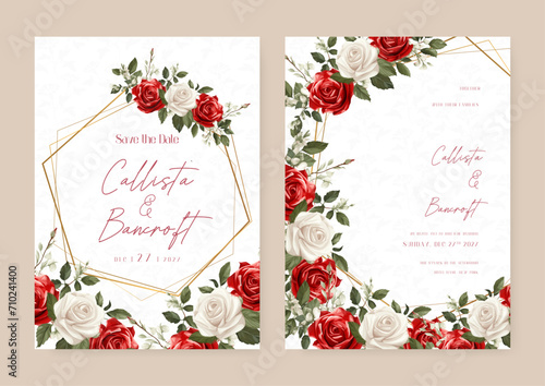 White and red rose wedding invitation card template with flower and floral watercolor texture vector. Wedding invitation floral watercolor card background