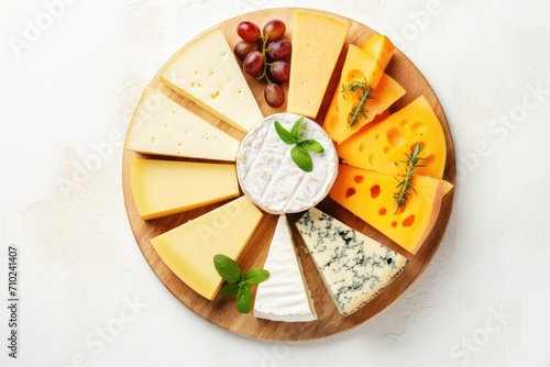 Assorted cheeses in wooden box on white table from above