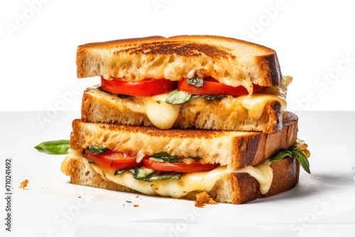 Grilled cheese and tomato sandwich on plain surface
