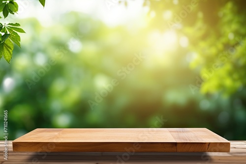 Mock up product display on empty wooden table with blurred park background perfect for online advertising and natural business presentations photo