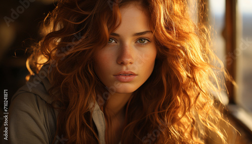 Young adult woman with brown hair looking at camera outdoors generated by AI