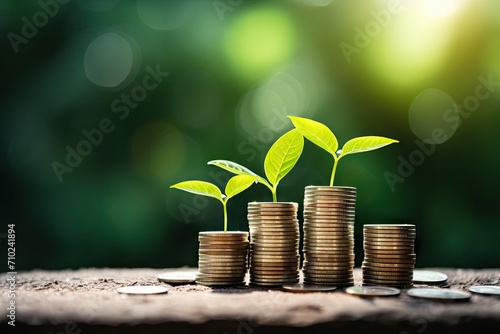Money used for business investment finance and banking Green plant leaves growing on a row of stacked coins on a wooden table with a nature background